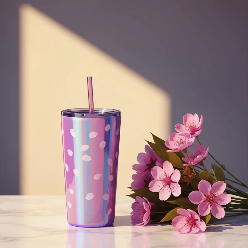 The iconic 2025 starbucks cherry blossom pink tumbler sitting on a marble table in the morning light.