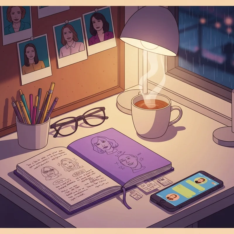 A purple journal representing dork diaries 2 on an aesthetic desk with sketches and friendship photos.