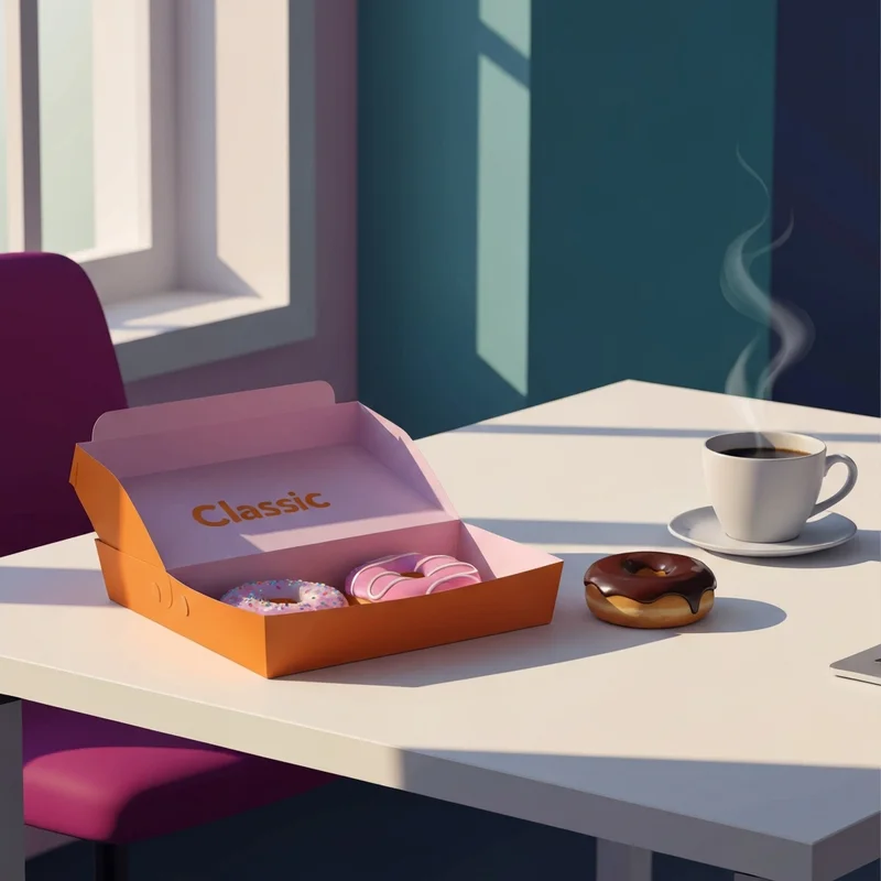 A box showing how much are a dozen donuts at Dunkin on an office desk.