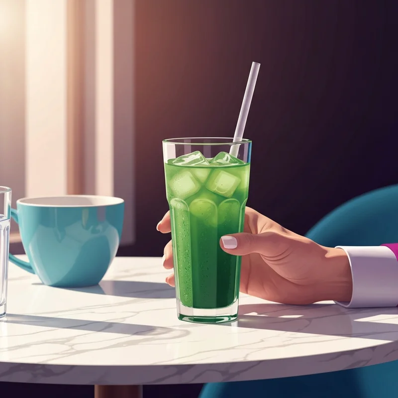 A woman holding a healthy low-calorie calories matcha green tea latte in a modern cafe setting.