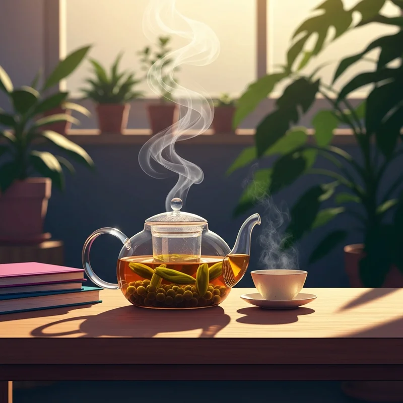 A peaceful morning ritual featuring a pot of Milk Oolong Tea on a wooden table with soft sunlight.
