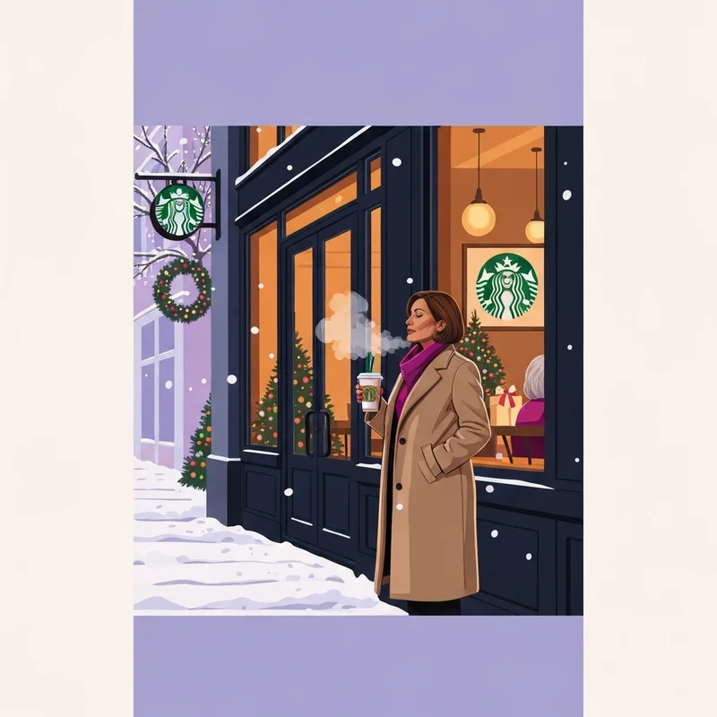A peaceful holiday scene showing a starbucks open on christmas day with warm lights and a person enjoying a coffee break.