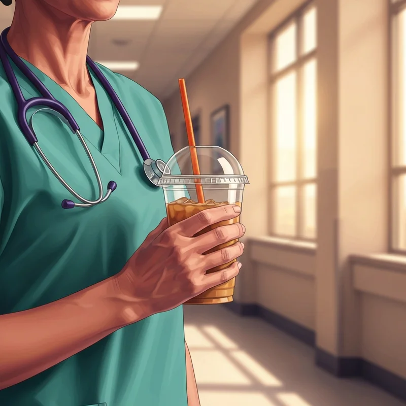 A healthcare professional enjoying a free medium coffee during Dunkin Nurses Week 2025.