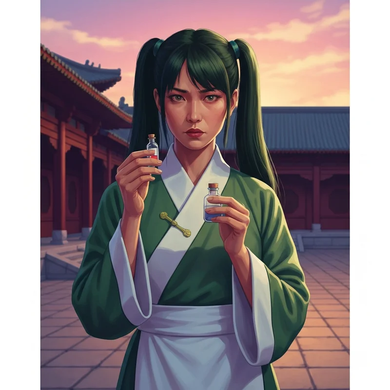 Maomao from the apothecary diaries nhentai looking at a medicine bottle in a palace courtyard.