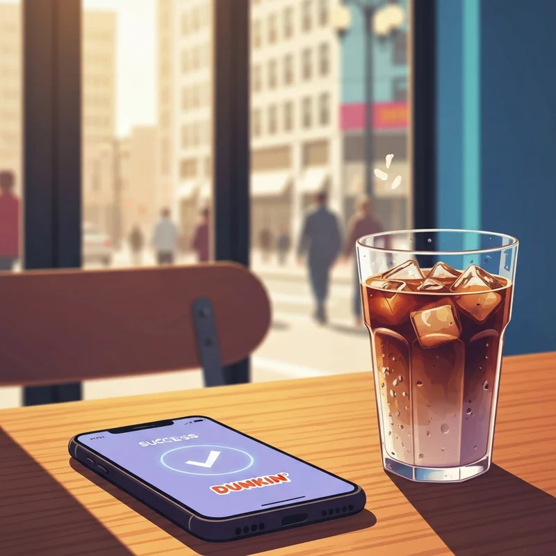 A cold brew coffee on a table next to a phone showing the dunkin free coffee april 1 reward success screen in the rewards app.