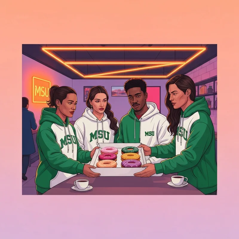 A group of MSU students enjoying a box of east lansing dunkin donuts in a brightly lit campus-adjacent cafe.