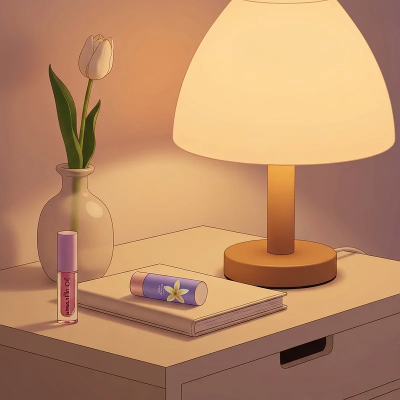 Aesthetic nightstand with Phoebe's Diary inspired lip care and a vanilla girl aesthetic vibe.