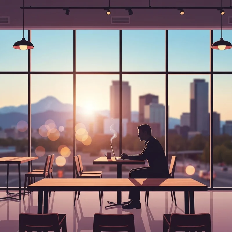 A serene coffee shop environment in the city, reflecting the search for a reliable Starbucks Denver location during sunset.