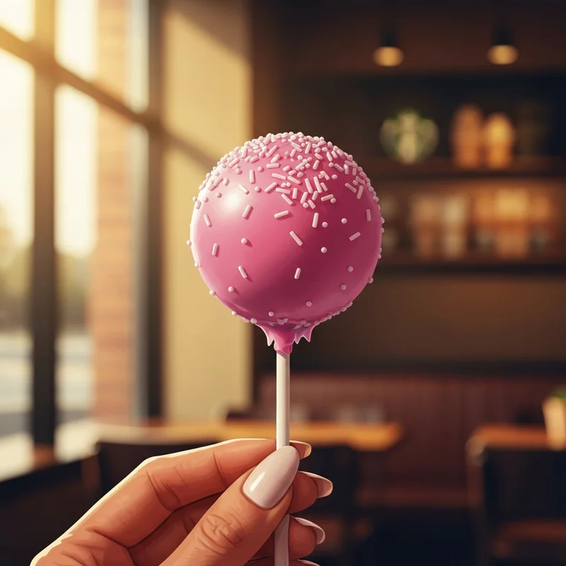 A close-up of a pink treat held in a cafe setting to illustrate how much is a starbucks cake pop.