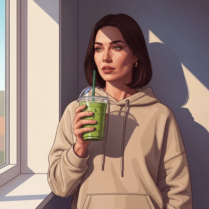 A trendy young person enjoying a refreshing Dunkin matcha tea in the morning sunlight.