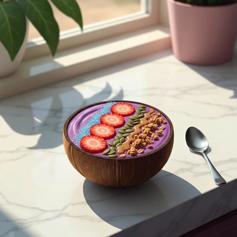 A vibrant and aesthetic what is acai bowl topped with fresh fruit and seeds on a sunlit counter.