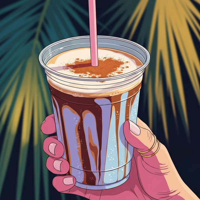 A close-up of a refreshing horchata starbucks drink with espresso swirls and cinnamon topping in the summer sun.