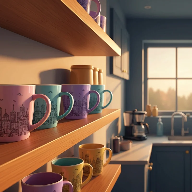 A curated collection of starbucks been there mugs displayed on a warm wooden shelf in a sunlit kitchen.