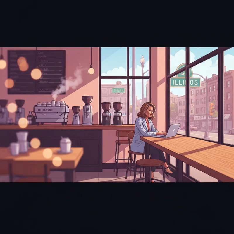 A busy morning at a starbucks springfield il location featuring a woman working on a laptop.