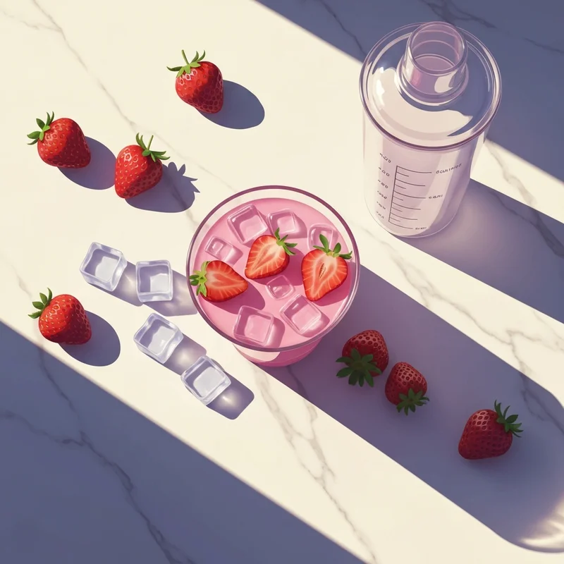 A professional barista setup featuring a starbucks refresher recipe card and a vibrant strawberry drink.