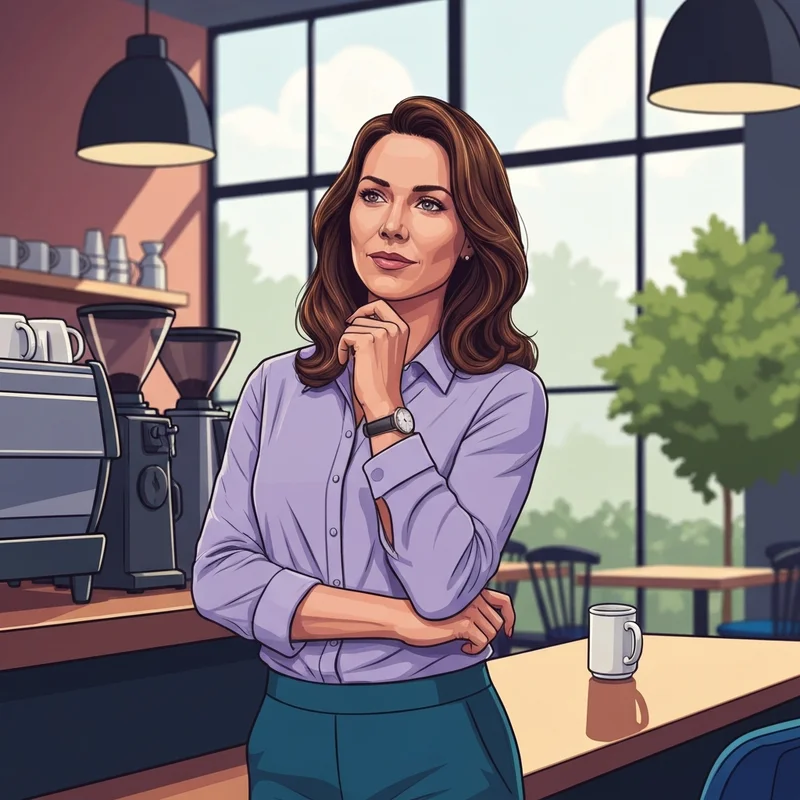 A professional woman contemplating her career and starbucks store manager salary in a modern cafe setting.