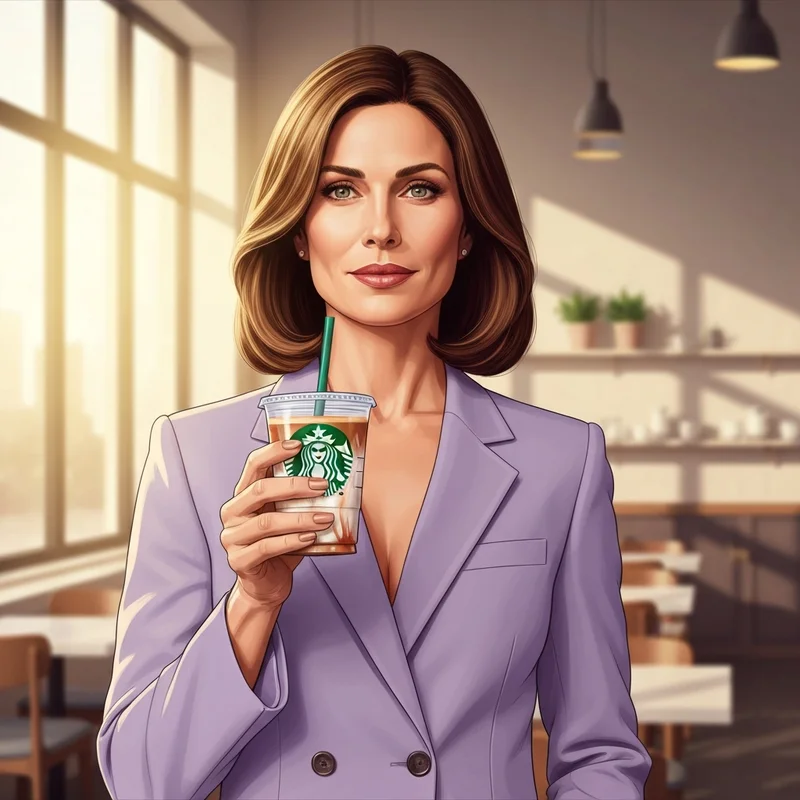 A woman holding one of many healthier starbucks coffee drinks in a modern cafe setting.