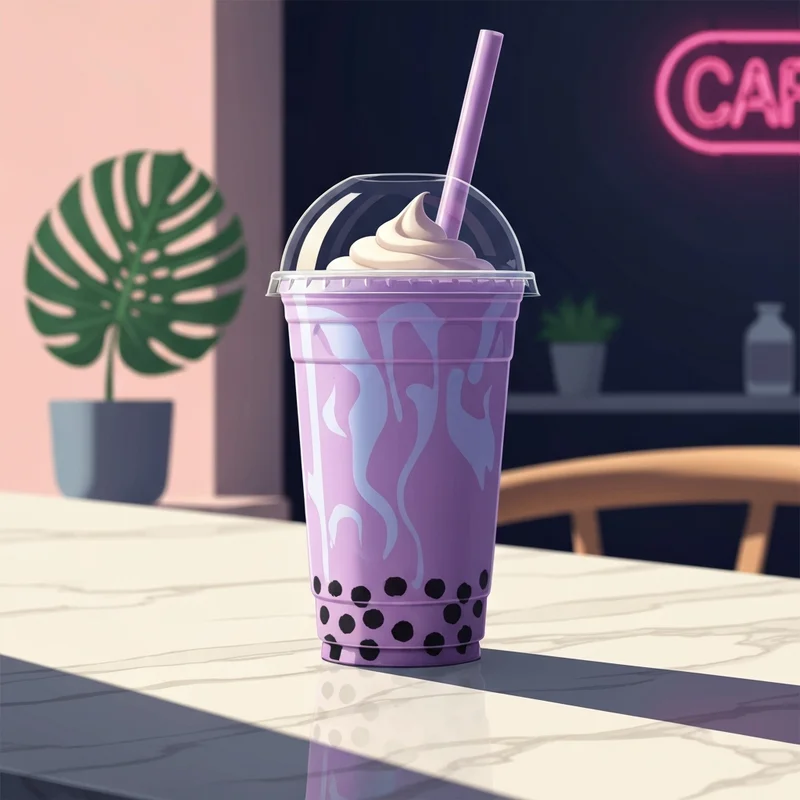 A close-up of a purple drink answering the question what is taro milk tea with boba pearls in a modern cafe setting.