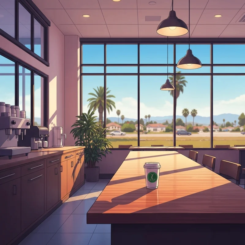 A peaceful morning scene inside a Starbucks Madera location featuring a fresh latte and a view of the Madera Ranchos community.