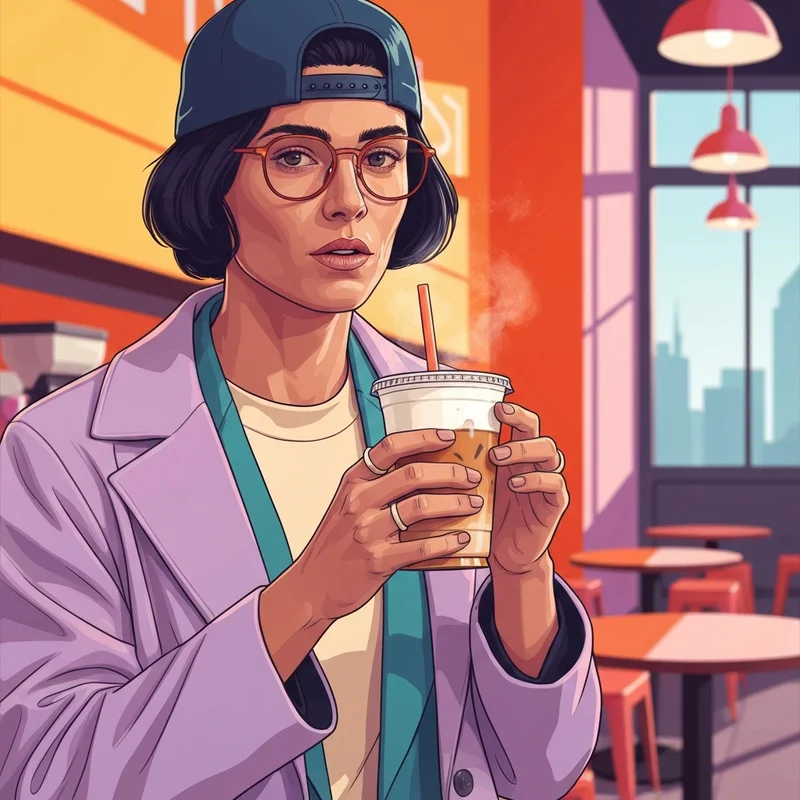 A young woman enjoying a perfectly customized iced chai latte dunkin in a bright cafe.