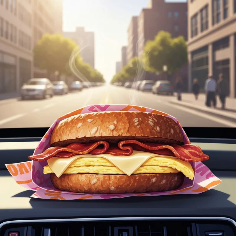 A close-up of a delicious and filling dunkin donuts sourdough breakfast sandwich showing thick bread and crispy bacon.