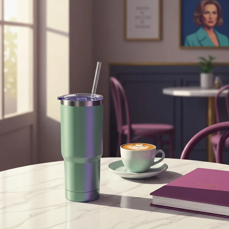 A limited edition starbucks stanley cup on a marble table in a sunny cafe