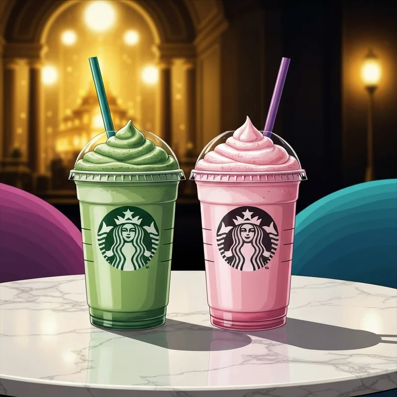 Two starbucks wicked drinks, one green and one pink, symbolizing Elphaba and Glinda on a marble table.