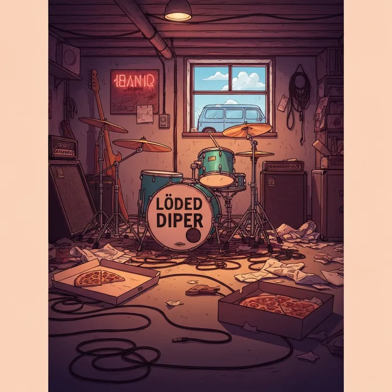 A messy basement band practice space inspired by Diary of a Wimpy Kid Diper Överlöde.