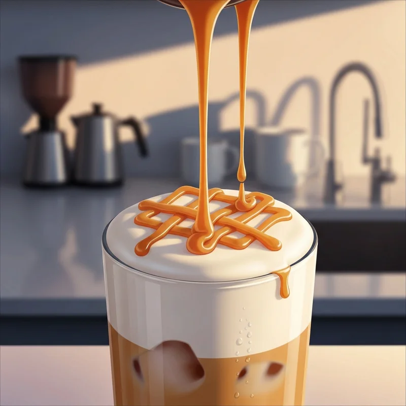 A close-up of thick starbucks caramel sauce being drizzled over a luxury home-brewed latte.