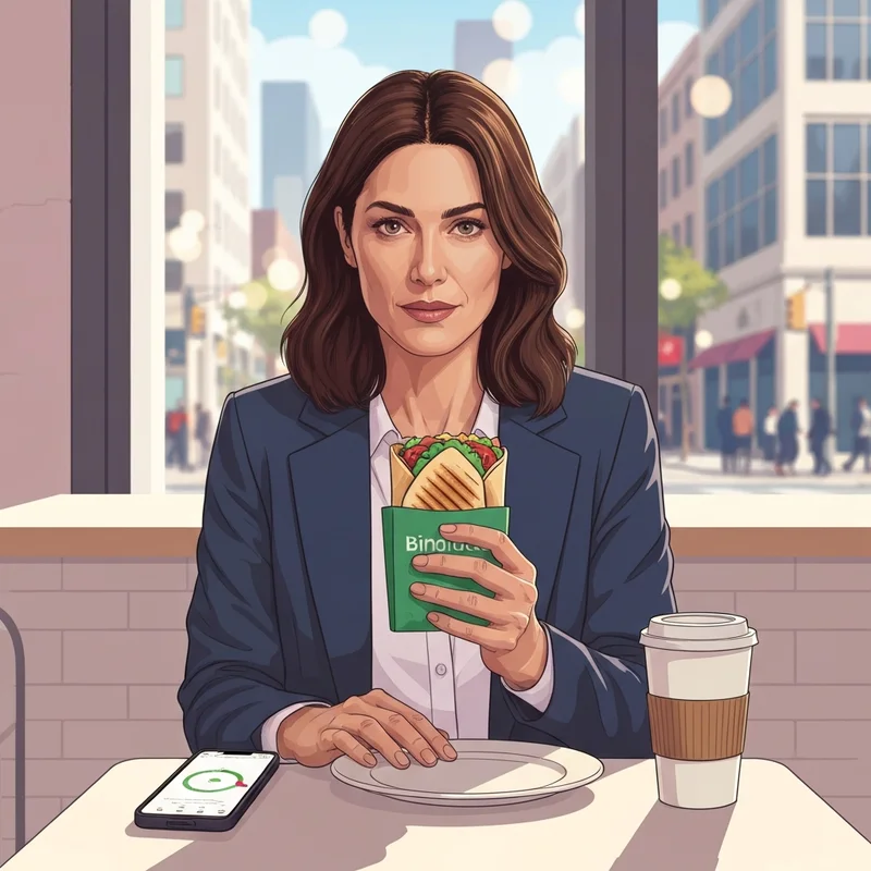 A young professional enjoying a breakfast while tracking calories in Starbucks spinach and feta wrap on her phone.