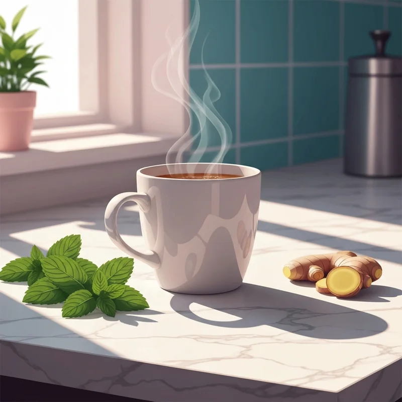 A steaming mug of herbal tea for bloating on a marble countertop next to fresh peppermint leaves.