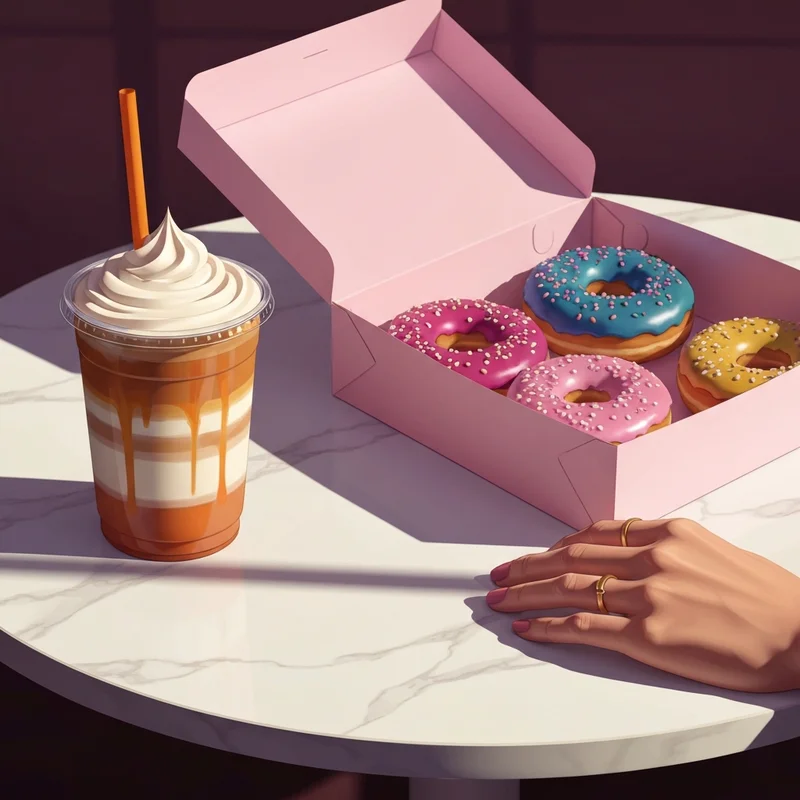 High-quality lifestyle dunkin images showing iced coffee and donuts on a marble table in the sun.