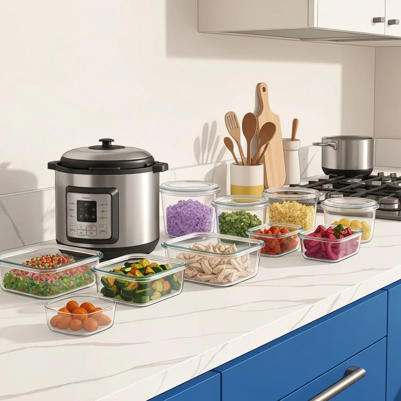 A perfectly organized kitchen counter showing a variety of healthy meals created through instant pot meal prep.