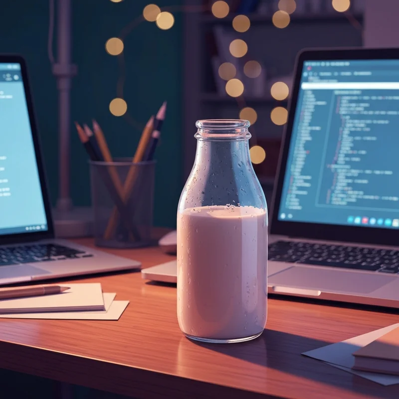 A chilled glass bottle on a desk representing how much caffeine is in a starbucks frappuccino bottle for a late-night study session.