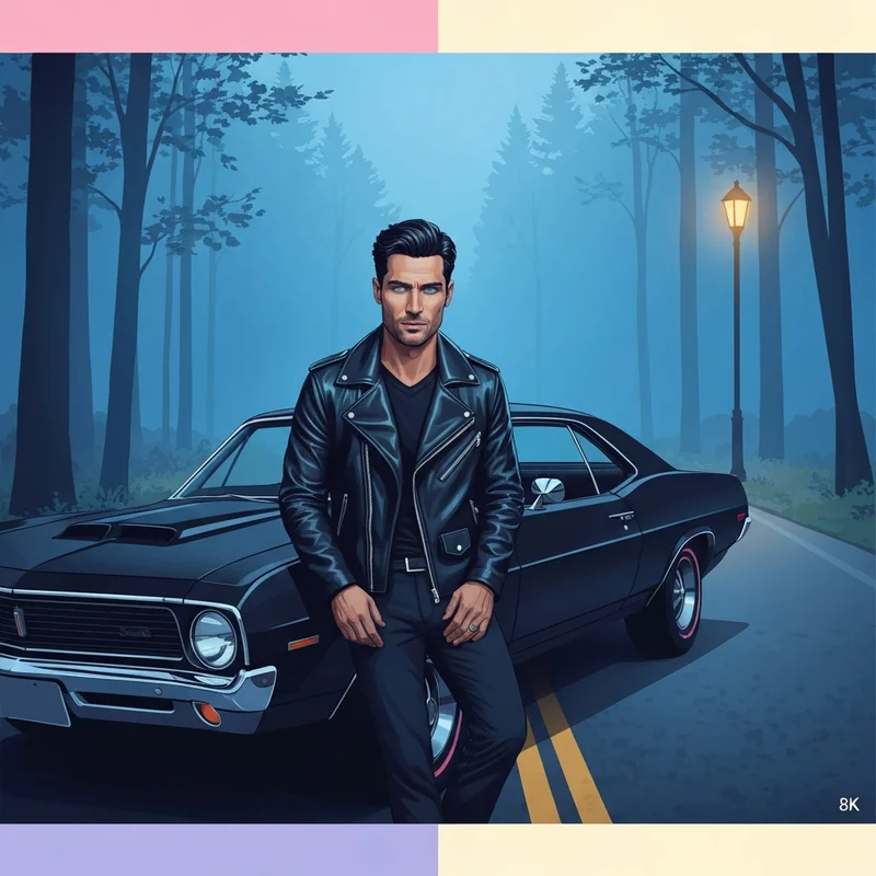 Brooding and mysterious Damon from Vampire Diaries archetype leaning against a classic car in the mist.