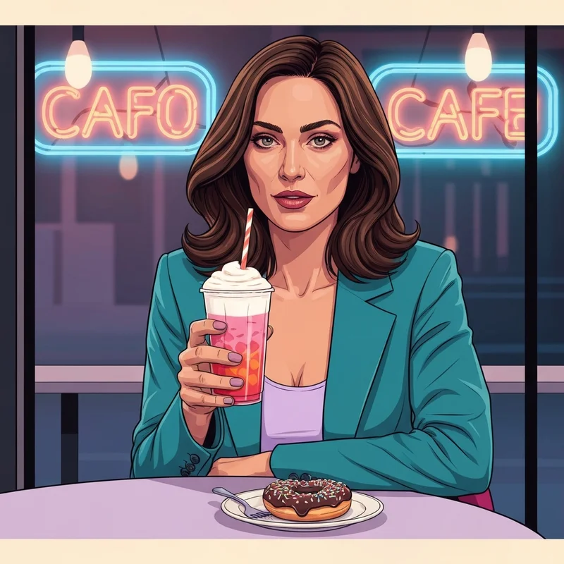 A woman enjoying a latte and heart-shaped donut from the dunkin valentines menu in a trendy cafe.