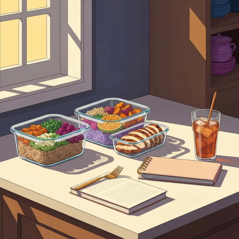 Aesthetic glass containers showcasing healthy lunch meal prep ideas on a clean kitchen counter.