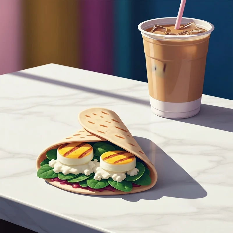 A close-up of a high-protein breakfast highlighting the spinach feta wrap starbucks calories for a fitness-focused morning routine.
