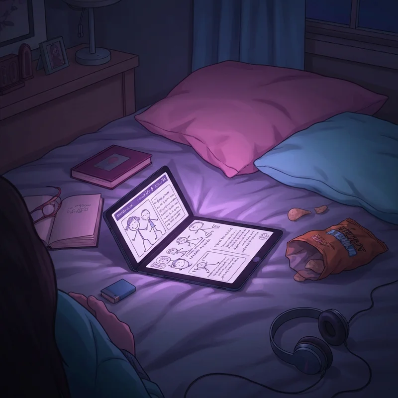 A digital tablet displaying a diary of a wimpy kid pdf in a cozy neon-lit bedroom.