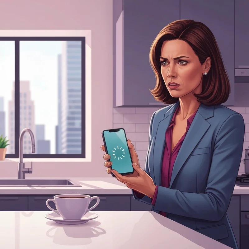 A frustrated user looking at a phone screen because the starbucks app not working during their morning routine.