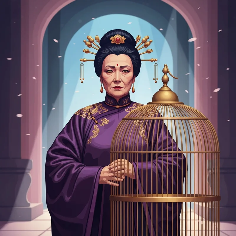 The complex character of Anshi Apothecary Diaries depicted as a regal Empress Dowager behind a golden cage.
