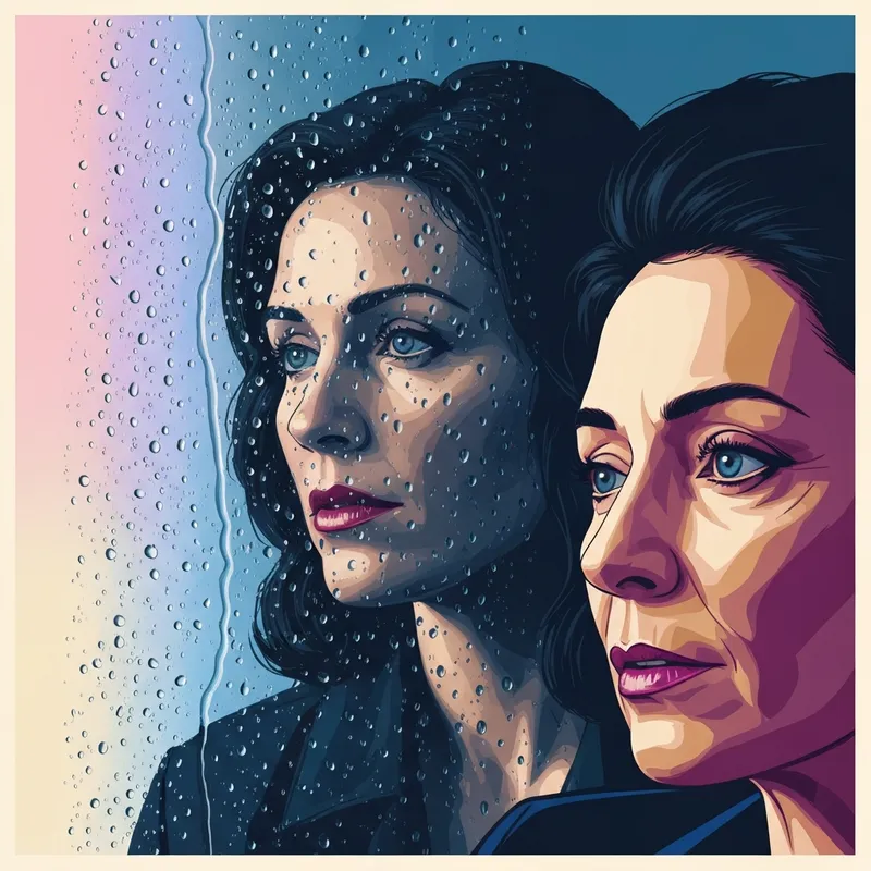 A woman reflecting on the diary jane lyrics in a moody, rain-streaked window setting.