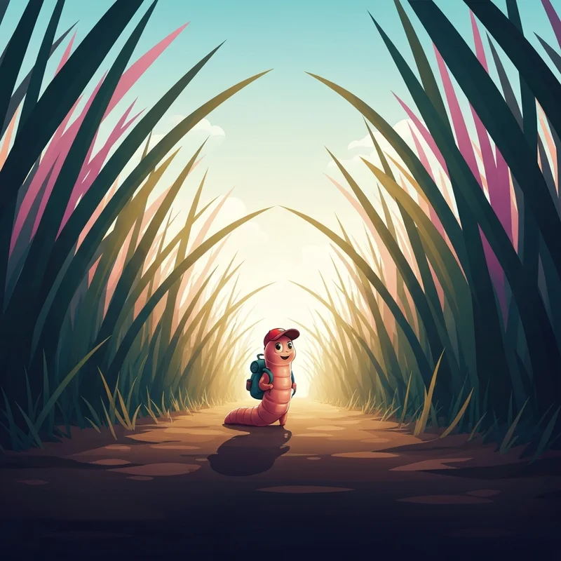 A tiny earthworm character exploring a giant garden, illustrating themes from the book Diary of a Worm.
