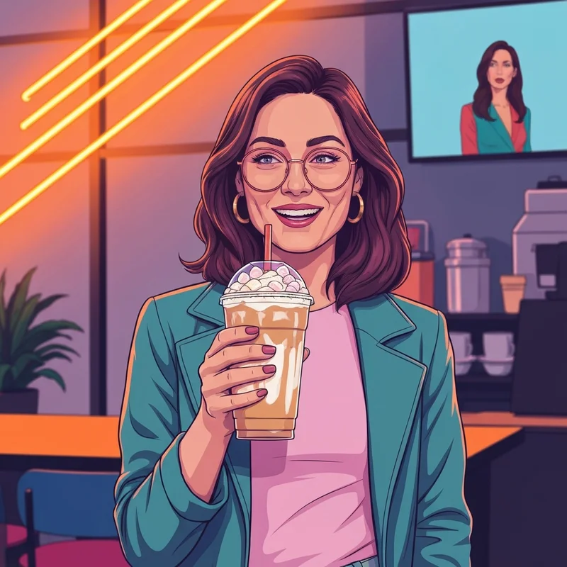 A stylish young woman enjoying a Dunkin Cereal and Milk Latte in a vibrant modern cafe.
