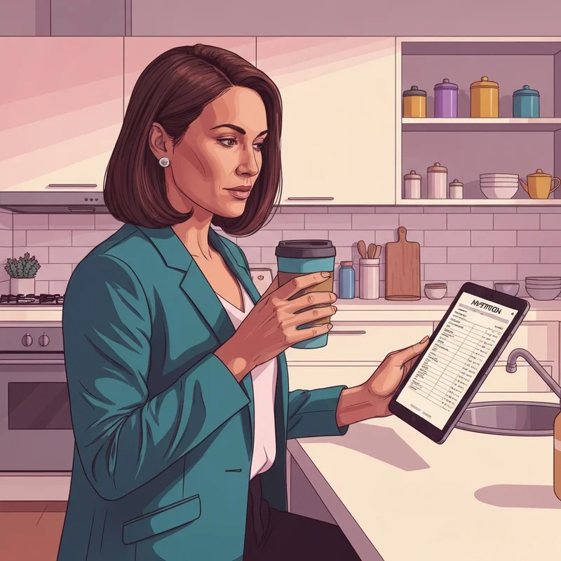 A woman reviewing the dunkin nutrition pdf on her tablet while enjoying a healthy morning coffee.