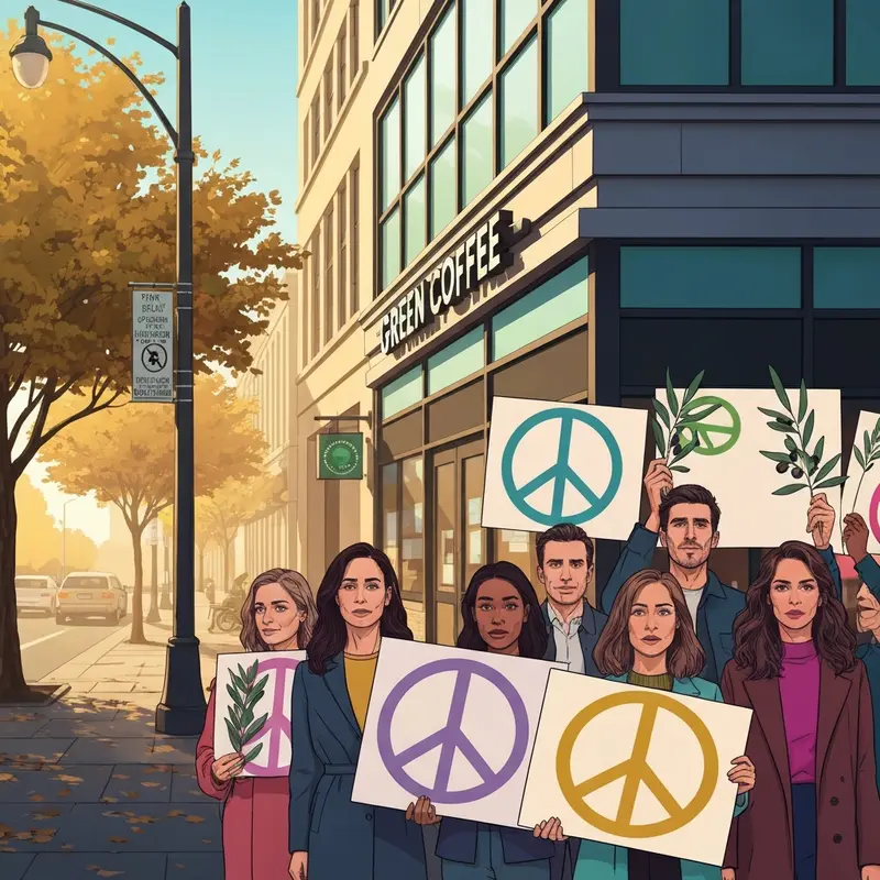 A group of young free palestine protestors at starbucks standing on a city sidewalk during a peaceful demonstration.