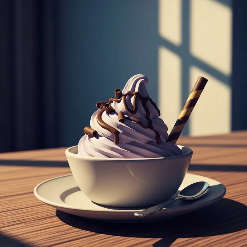 A rich scoop of starbucks ice cream with chocolate shavings and fudge on a rustic table.