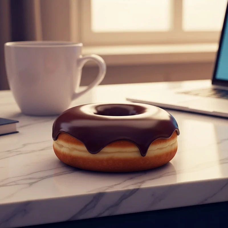 A close up photo of a fresh chocolate frosted donut dunkin showing the smooth frosting and soft dough.