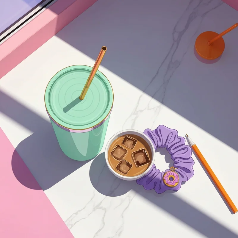 A high-quality aesthetic flatlay featuring the viral dunkin stoney clover tumblers and scrunchies for 2025.