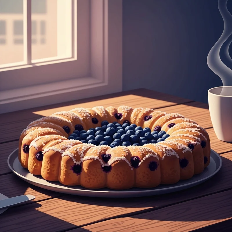 A fresh dunkin donuts blueberry donut with a perfect glaze sitting on a cafe table in the morning light.